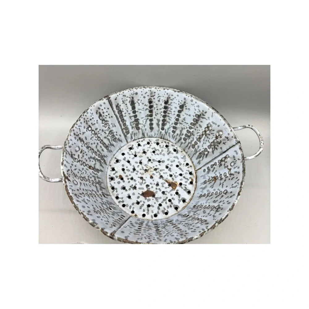 Vtg Grey Mottled Granite Ware Colander Footed Enamelware Strainer Farmhouse